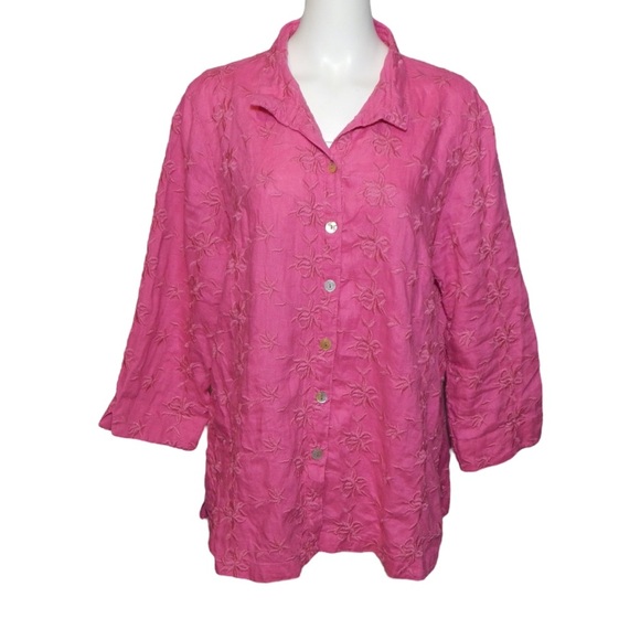 John Mark Pink Floral Embroidered 100% Linen Tunic Top Button Down Shirt Size XL - Picture 1 of 7